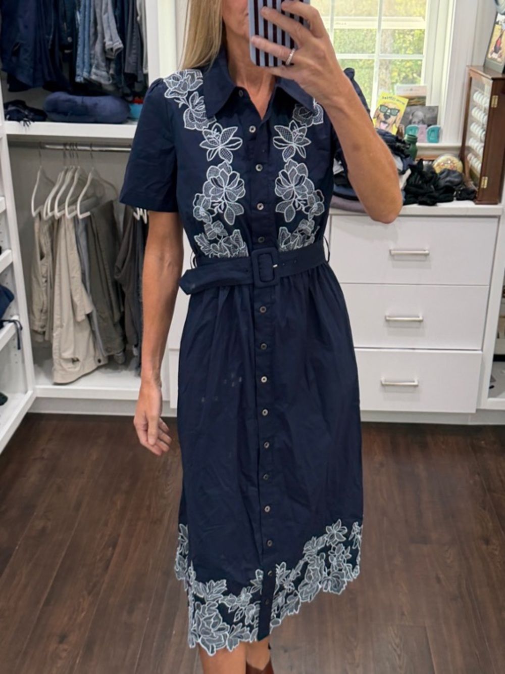 Current Air Navy Midi Shirt Dress with White Floral Embroidery
